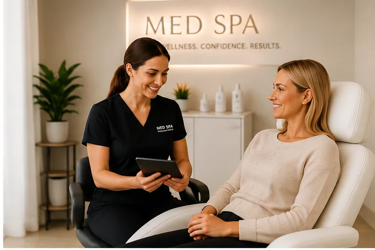 Med spa provider reviewing program bloodwork on a tablet with a client in a treatment chair.