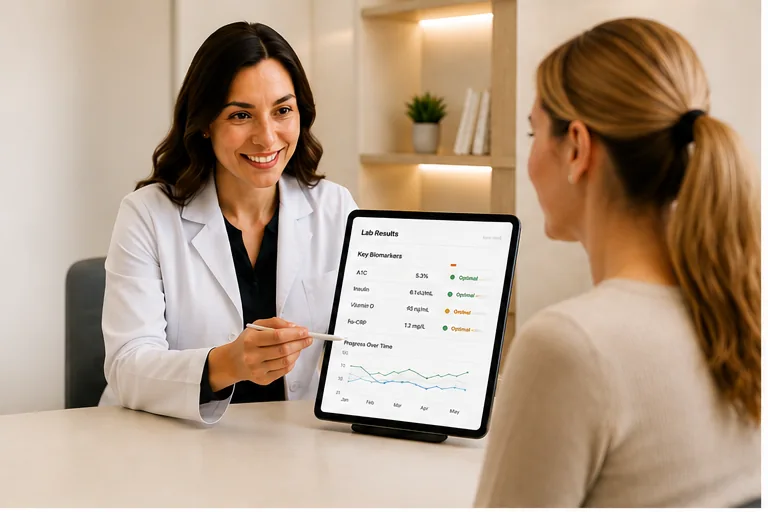 Provider walking a client through blood test results on a tablet.