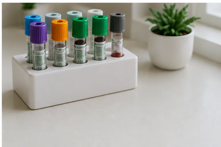 Color-coded blood collection tubes in a rack on a clean counter.