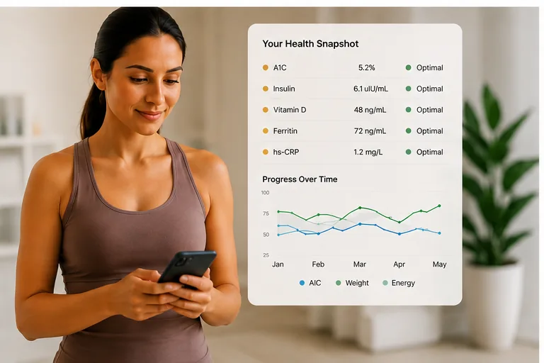 Client reviewing her health snapshot and progress trends on her phone.