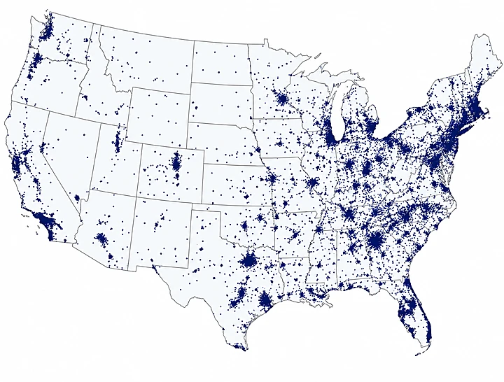 Map of the United States showing in-person draw-site density, concentrated around population centers.
