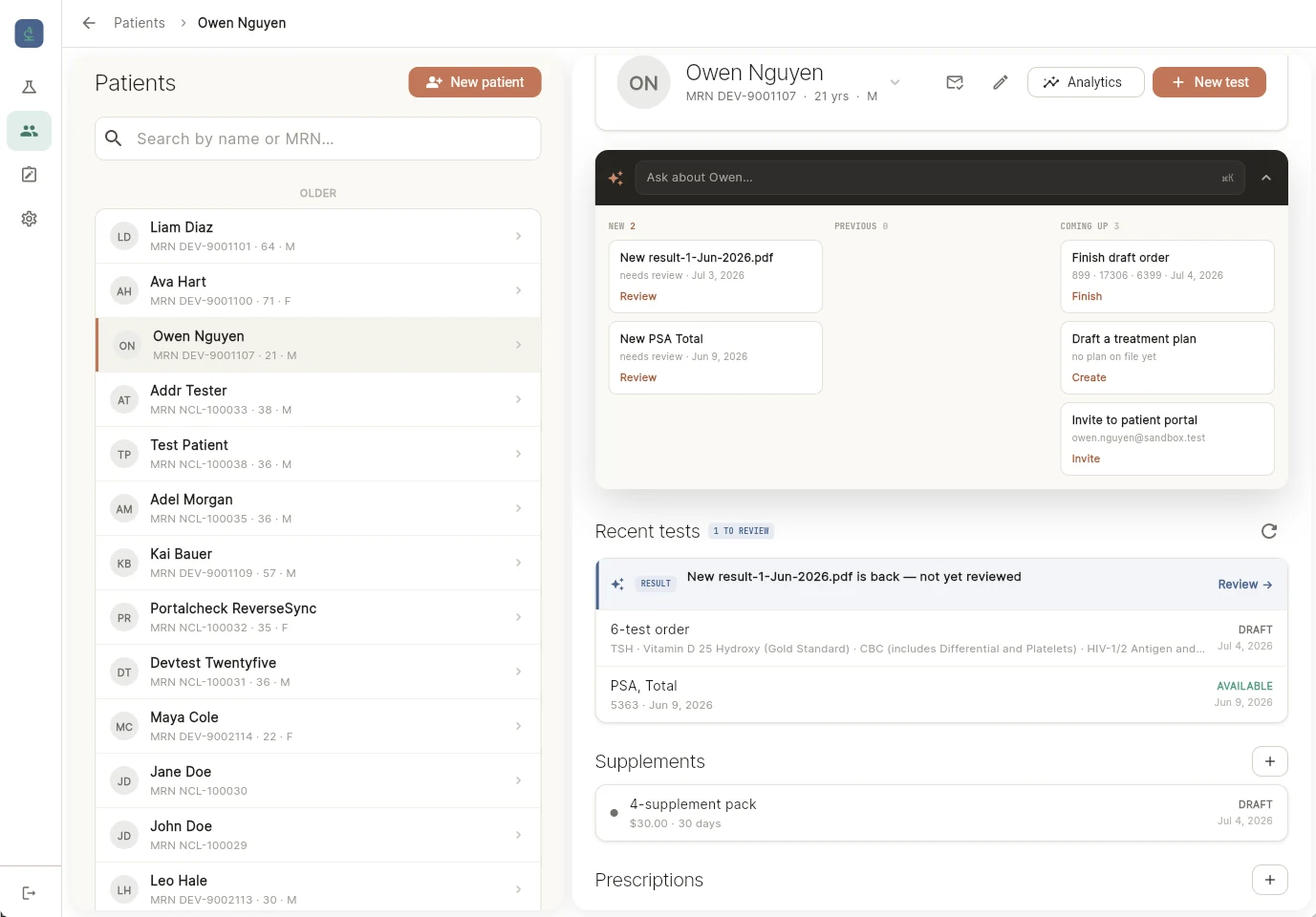 AI Summary board on a patient page — New, Previous and Coming up